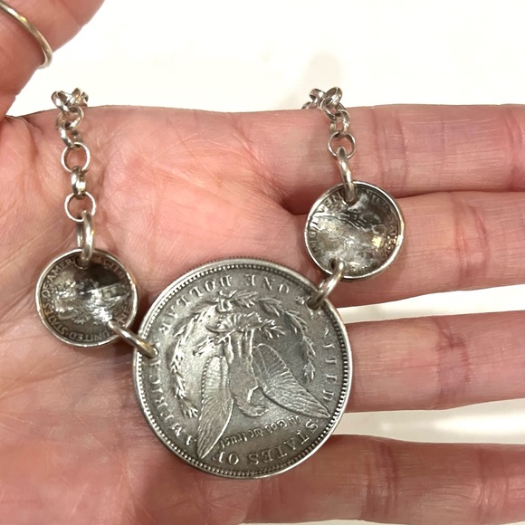1881-O US Morgan Silver Dollar Coin Plus 2 Dimes in Sterling Silver 18" Necklace - Picture 4 of 12